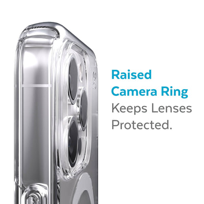 Slightly tilted view of side of phone case showing phone cameras - Raised camera ring keeps lenses protected.#color_clear