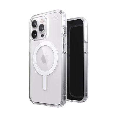 Three-quarter view of back of phone case simultaneously shown with three-quarter front view of phone case#color_clear