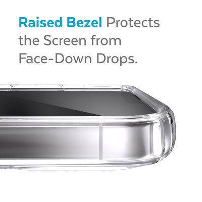 View of top of phone case laying on its back - Raised bezel protects the screen from face-down drops.#color_clear