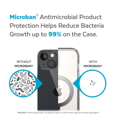 Back view, half without case, other with case, less germs on case - Microban antimicrobial product protection helps reduce bacteria growth up to 99% on the case.#color_clear-silver