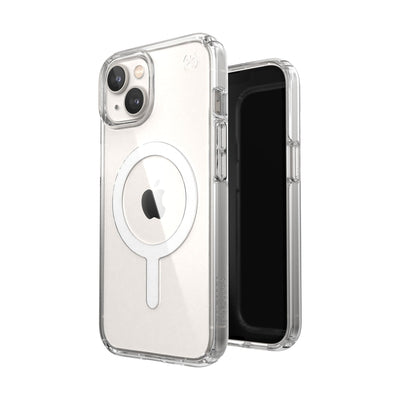 Three-quarter view of back of phone case simultaneously shown with three-quarter front view of phone case#color_clear-white