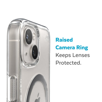 Slightly tilted view of side of phone case showing phone cameras - Raised camera ring keeps lenses protected.#color_clear-silver