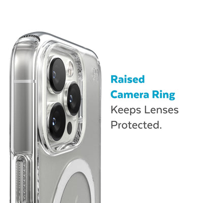 Slightly tilted view of side of phone case showing phone cameras - Raised camera ring keeps lenses protected.#color_clear-white