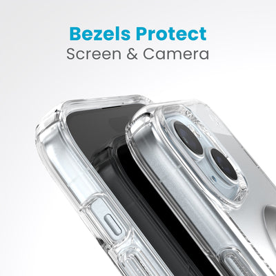 A case with phone inside with camera facing up is lying on top of a case with phone inside with screen facing up. Both are at a sharp angle clearly showing case's raised bezels around screen and camera. Text reads bezels protect screen and camera.#color_clear-chrome