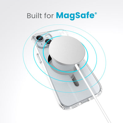 A case with phone inside with camera facing up and MagSafe wireless charger hovering above with concentric circles eminating from charger to signify power transfer. Text in image reads built for MagSafe.#color_clear-chrome