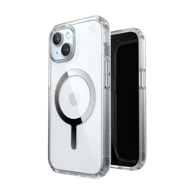 Three-quarter view of back of phone case simultaneously shown with three-quarter front view of phone case.#color_clear-chrome