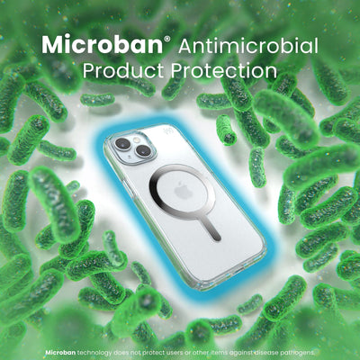 A case with phone inside is surrounded by bacteria. A blue halo around the phone keeps the bacteria away. Text reads Microban antimicrobial product protection. Microban technology does not protect users or other items against disease pathogens.#color_clear-chrome