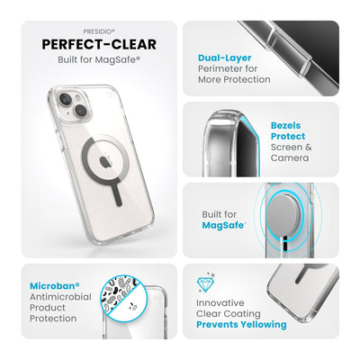 Summary of all product features such as MagSafe compatibility, dual-layer protection, Microban antimicrobial product protection, raised bezels to protect screen and camera, and anti-yellowing clear coating.#color_clear-chrome