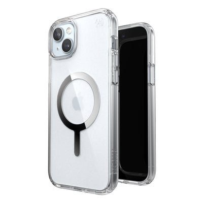 Three-quarter view of back of phone case simultaneously shown with three-quarter front view of phone case.#color_clear-chrome