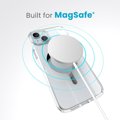 A case with phone inside with camera facing up and MagSafe wireless charger hovering above with concentric circles eminating from charger to signify power transfer. Text in image reads built for MagSafe.#color_clear-chrome