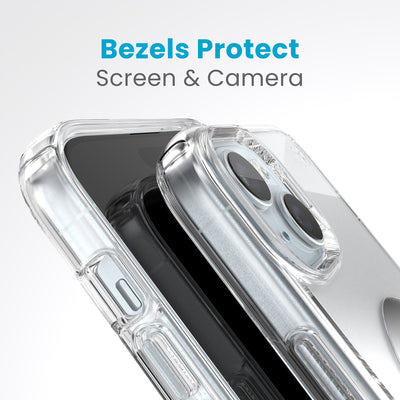 A case with phone inside with camera facing up is lying on top of a case with phone inside with screen facing up. Both are at a sharp angle clearly showing case's raised bezels around screen and camera. Text reads bezels protect screen and camera.#color_clear-chrome