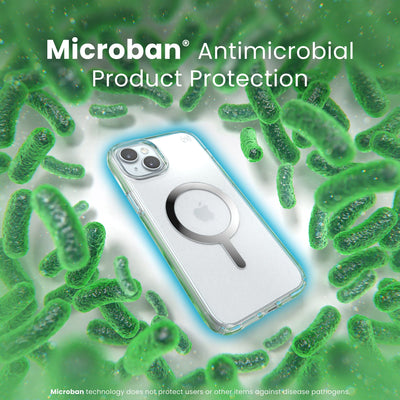 A case with phone inside is surrounded by bacteria. A blue halo around the phone keeps the bacteria away. Text reads Microban antimicrobial product protection. Microban technology does not protect users or other items against disease pathogens.#color_clear-chrome