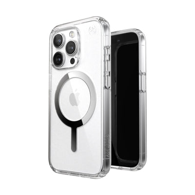 Three-quarter view of back of phone case simultaneously shown with three-quarter front view of phone case.#color_clear-chrome