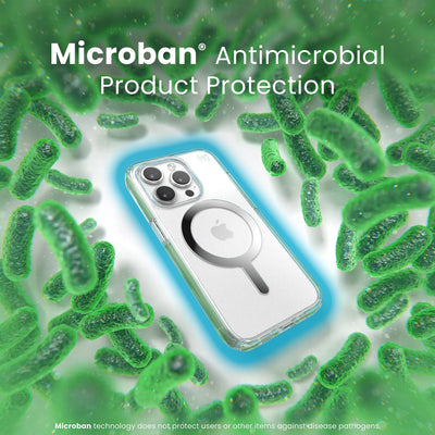 A case with phone inside is surrounded by bacteria. A blue halo around the phone keeps the bacteria away. Text reads Microban antimicrobial product protection. Microban technology does not protect users or other items against disease pathogens.#color_clear-chrome