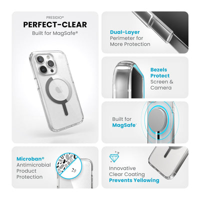 Summary of all product features such as MagSafe compatibility, dual-layer protection, Microban antimicrobial product protection, raised bezels to protect screen and camera, and anti-yellowing clear coating.#color_clear-chrome