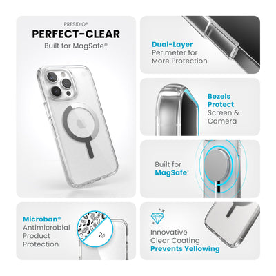 Summary of all product features such as MagSafe compatibility, dual-layer protection, Microban antimicrobial product protection, raised bezels to protect screen and camera, and anti-yellowing clear coating.#color_clear-chrome