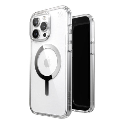 Three-quarter view of back of phone case simultaneously shown with three-quarter front view of phone case.#color_clear-chrome