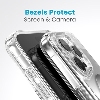 A case with phone inside with camera facing up is lying on top of a case with phone inside with screen facing up. Both are at a sharp angle clearly showing case's raised bezels around screen and camera. Text reads bezels protect screen and camera.#color_clear-chrome