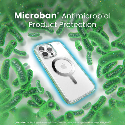 A case with phone inside is surrounded by bacteria. A blue halo around the phone keeps the bacteria away. Text reads Microban antimicrobial product protection. Microban technology does not protect users or other items against disease pathogens.#color_clear-chrome