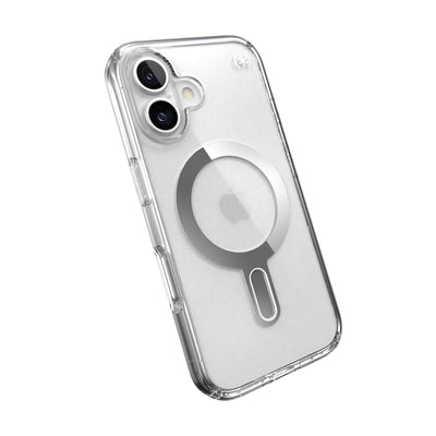 Tilted slight perspective view of back of phone case with phone inside#color_clear-chrome