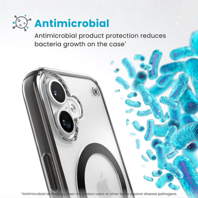 Bacteria is shown around phone case but not on it. Text reads Antimicrobial: Antimicrobial product protection reduces bacteria growth on the case (Antimicrobial technology does not protect users or other items against disease pathogens)#color_clear-frosted-black