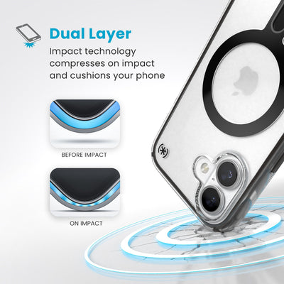 A corner of the case impacts the ground - a diagram shows interior cushion of phone before impact and on impact. Text reads Dual Layer: Impact technology compresses on impact and cushions your phone#color_clear-frosted-black