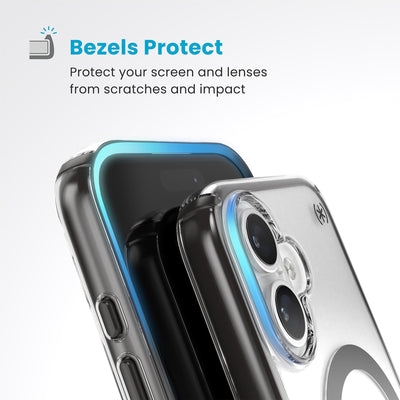 Raised bezels around phone screen and camera are highlighted. Text reads Bezels Protect: Protect your screen and lenses from scratches and impact#color_clear-frosted-black