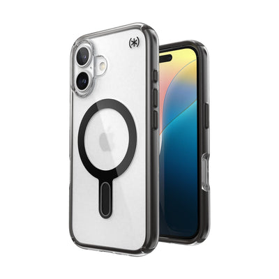 Three-quarter view of back of phone case with phone inside shown over top of front view of phone case with phone inside#color_clear-frosted-black