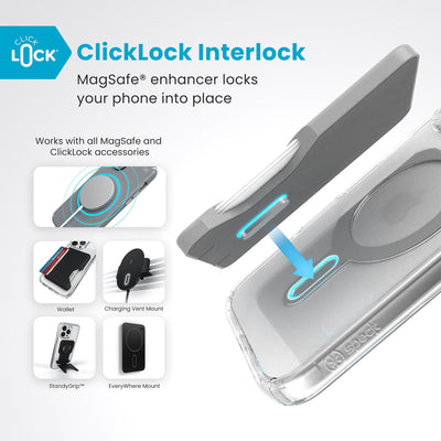 A ClickLock Wallet accessory hovers over the back of the phone case with interlock bolt extended and arrow pointing to bolt receptacle in case. Text reads ClickLock interlock: MagSafe enhancer locks your phone into place. Works with all MagSafe and ClickLock accessories#color_clear-chrome