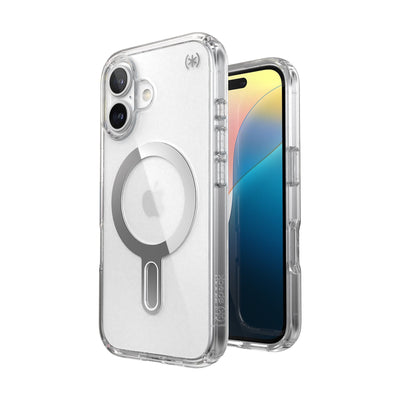 Three-quarter view of back of phone case with phone inside shown over top of front view of phone case with phone inside#color_clear-chrome