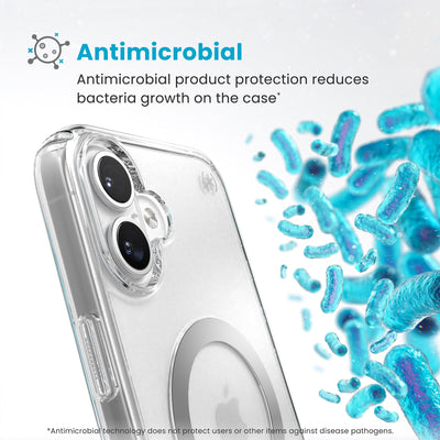 Bacteria is shown around phone case but not on it. Text reads Antimicrobial: Antimicrobial product protection reduces bacteria growth on the case (Antimicrobial technology does not protect users or other items against disease pathogens)#color_clear-chrome