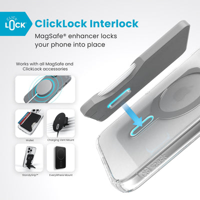 A ClickLock Wallet accessory hovers over the back of the phone case with interlock bolt extended and arrow pointing to bolt receptacle in case. Text reads ClickLock interlock: MagSafe enhancer locks your phone into place. Works with all MagSafe and ClickLock accessories#color_clear-chrome