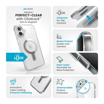 Various close-ups of case are shown. Text reads Speck Presidio Perfect-Clear MagSafe with ClickLock: Built for MagSafe, innovative clear coating prevents yellowing, ClickLock no-slip interlock, bezels protect screen and camera, dual-layer perimeter for more protection, antimicrobial product protection#color_clear-chrome