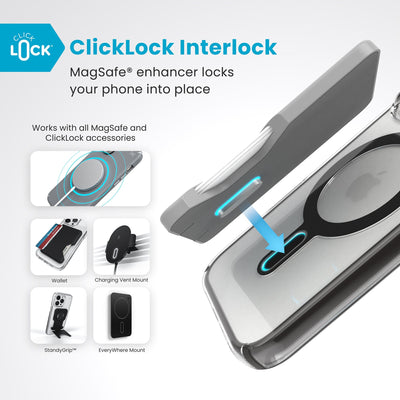 A ClickLock Wallet accessory hovers over the back of the phone case with interlock bolt extended and arrow pointing to bolt receptacle in case. Text reads ClickLock interlock: MagSafe enhancer locks your phone into place. Works with all MagSafe and ClickLock accessories#color_clear-frosted-black