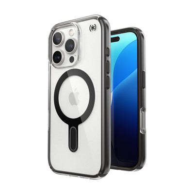 Three-quarter view of back of phone case with phone inside shown over top of front view of phone case with phone inside#color_clear-frosted-black