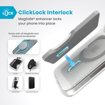 A ClickLock Wallet accessory hovers over the back of the phone case with interlock bolt extended and arrow pointing to bolt receptacle in case. Text reads ClickLock interlock: MagSafe enhancer locks your phone into place. Works with all MagSafe and ClickLock accessories#color_clear-chrome