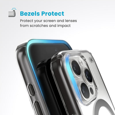 Raised bezels around phone screen and camera are highlighted. Text reads Bezels Protect: Protect your screen and lenses from scratches and impact#color_clear-frosted-black