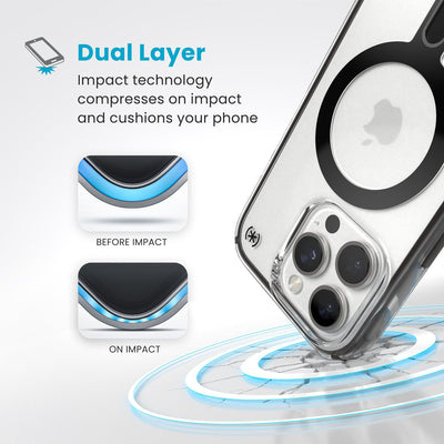 A corner of the case impacts the ground - a diagram shows interior cushion of phone before impact and on impact. Text reads Dual Layer: Impact technology compresses on impact and cushions your phone#color_clear-frosted-black