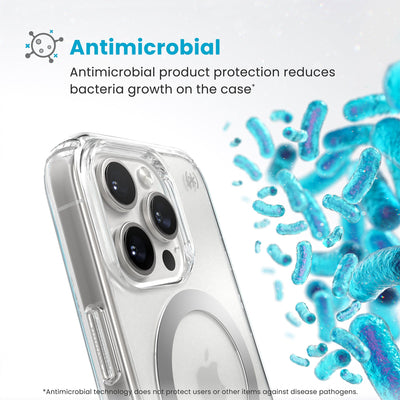 Bacteria is shown around phone case but not on it. Text reads Antimicrobial: Antimicrobial product protection reduces bacteria growth on the case (Antimicrobial technology does not protect users or other items against disease pathogens)#color_clear-chrome