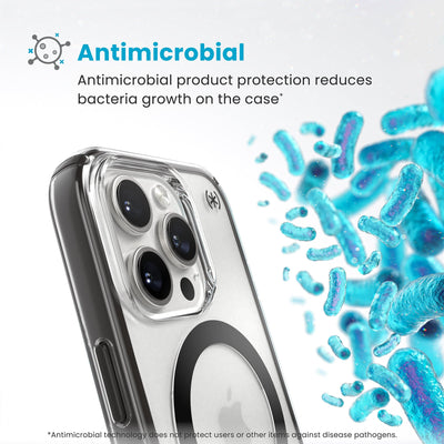 Bacteria is shown around phone case but not on it. Text reads Antimicrobial: Antimicrobial product protection reduces bacteria growth on the case (Antimicrobial technology does not protect users or other items against disease pathogens)#color_clear-frosted-black