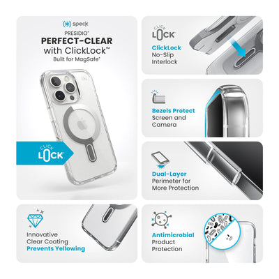 Various close-ups of case are shown. Text reads Speck Presidio Perfect-Clear MagSafe with ClickLock: Built for MagSafe, innovative clear coating prevents yellowing, ClickLock no-slip interlock, bezels protect screen and camera, dual-layer perimeter for more protection, antimicrobial product protection#color_clear-chrome