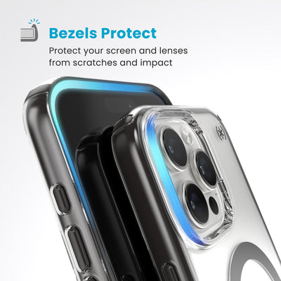 Raised bezels around phone screen and camera are highlighted. Text reads Bezels Protect: Protect your screen and lenses from scratches and impact#color_clear-frosted-black