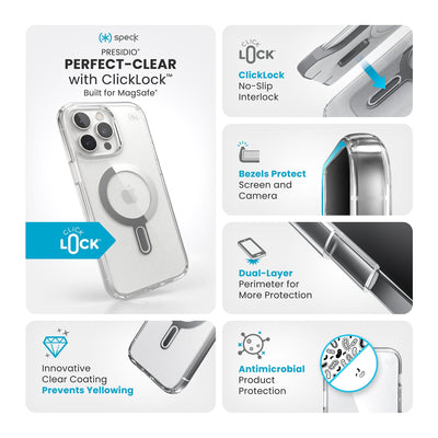 Various close-ups of case are shown. Text reads Speck Presidio Perfect-Clear MagSafe with ClickLock: Built for MagSafe, innovative clear coating prevents yellowing, ClickLock no-slip interlock, bezels protect screen and camera, dual-layer perimeter for more protection, antimicrobial product protection#color_clear-chrome