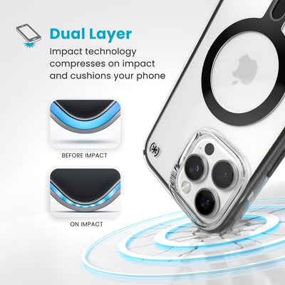 A corner of the case impacts the ground - a diagram shows interior cushion of phone before impact and on impact. Text reads Dual Layer: Impact technology compresses on impact and cushions your phone#color_clear-frosted-black