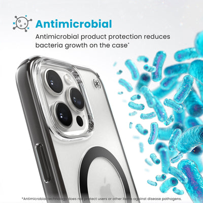 Bacteria is shown around phone case but not on it. Text reads Antimicrobial: Antimicrobial product protection reduces bacteria growth on the case (Antimicrobial technology does not protect users or other items against disease pathogens)#color_clear-frosted-black