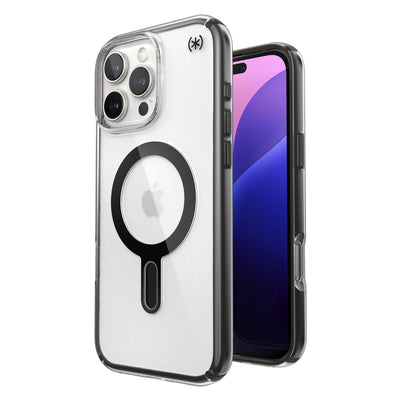 Three-quarter view of back of phone case with phone inside shown over top of front view of phone case with phone inside#color_clear-frosted-black