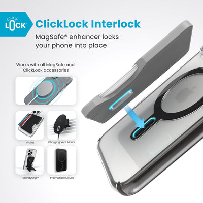 A ClickLock Wallet accessory hovers over the back of the phone case with interlock bolt extended and arrow pointing to bolt receptacle in case. Text reads ClickLock interlock: MagSafe enhancer locks your phone into place. Works with all MagSafe and ClickLock accessories#color_clear-frosted-black