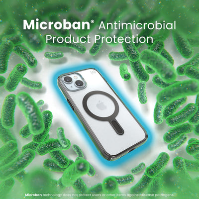 A case with phone inside is surrounded by bacteria. A blue halo around the phone keeps the bacteria away. Text reads Microban antimicrobial product protection. Microban technology does not protect users or other items against disease pathogens.#color_clear-black