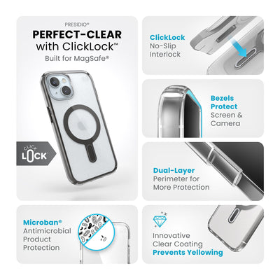 Summary of all product features such as MagSafe compatibility, ClickLock no-slip interlock, dual-layer protection, Microban antimicrobial product protection, raised bezels to protect screen and camera, and anti-yellowing clear coating.#color_clear-black