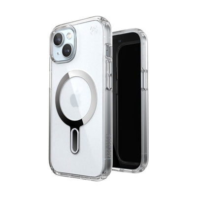 Three-quarter view of back of phone case simultaneously shown with three-quarter front view of phone case.#color_clear-chrome